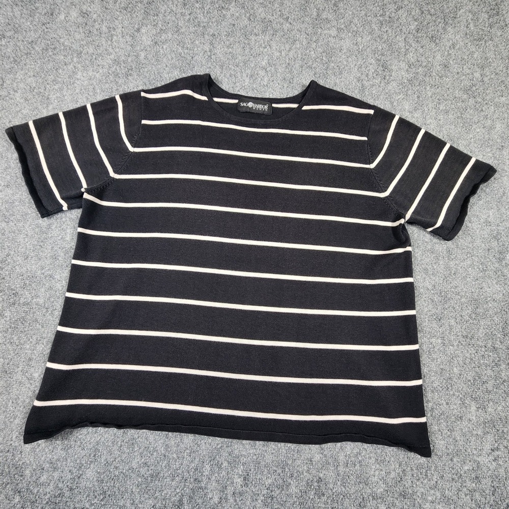 Sag Harbor Woman Black White‎ Striped Short Sleeve Knit Sweater Top Crew Neck